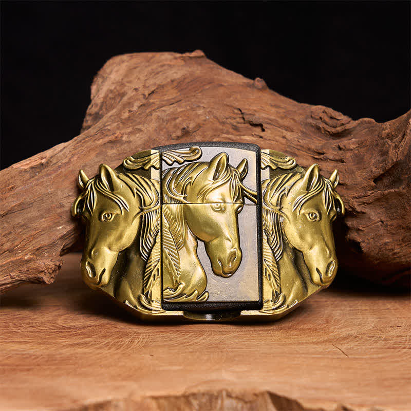 Ceinture en cuir bronze à trois chevaux pour homme avec briquet dissimulé - Triple chevaux - Sans ceinture - Ceinture non incluse - image 1