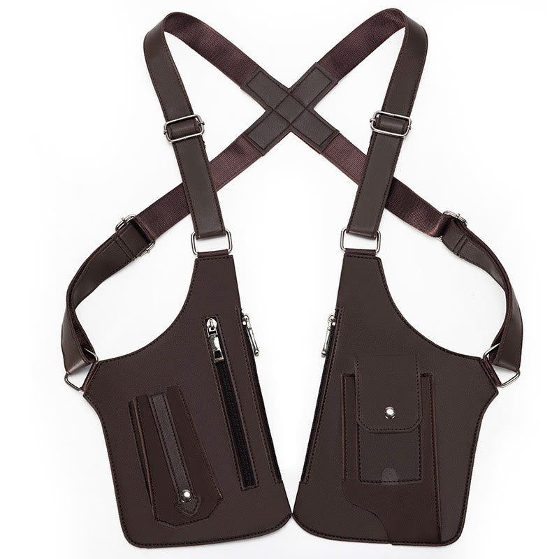 Sac à bandoulière multi-poches en cuir de grande capacité pour l'extérieur - Brun - image 9
