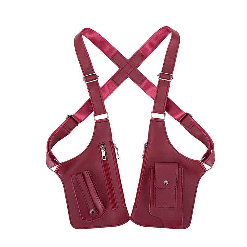 Sac à bandoulière multi-poches en cuir de grande capacité pour l'extérieur - Vin - image 10