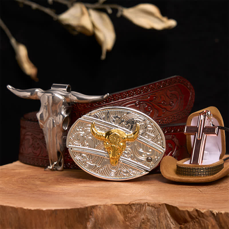 Ensemble de colliers et boucles de ceinture en forme de croix avec couteau caché en or et argent - Bull d'or et d'argent - Ceinture marron sculptée - 42 - image 6