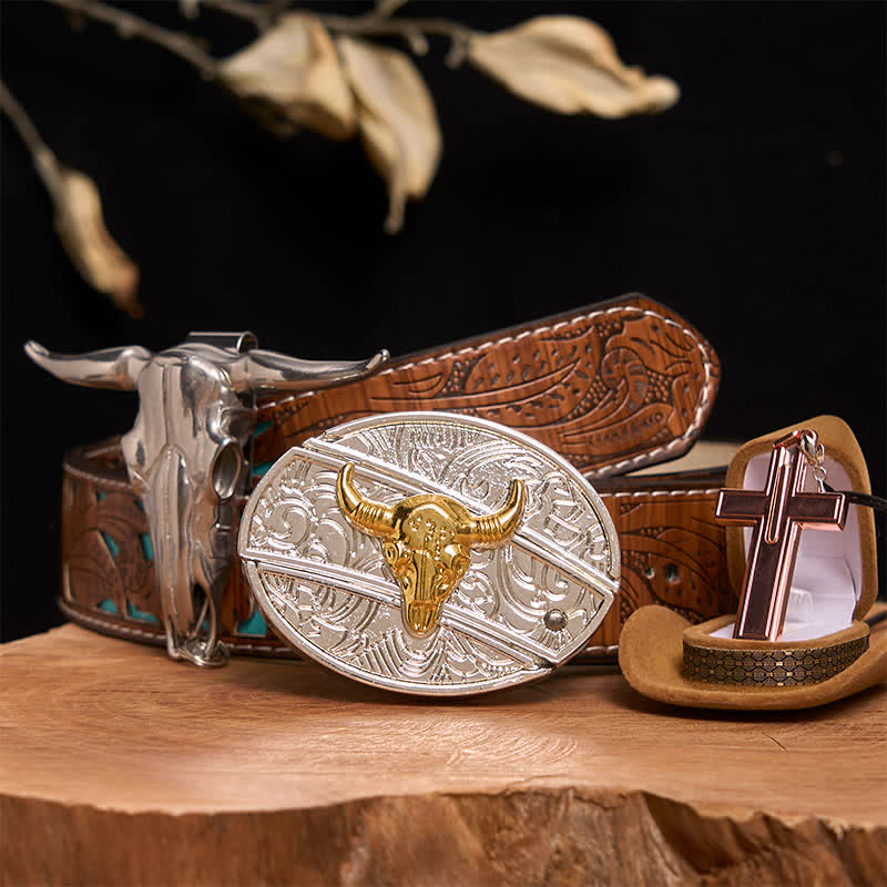 Ensemble de colliers et boucles de ceinture en forme de croix avec couteau caché en or et argent - Bull d'or et d'argent - Ceinture sculptée en turquoise - 42 - image 3