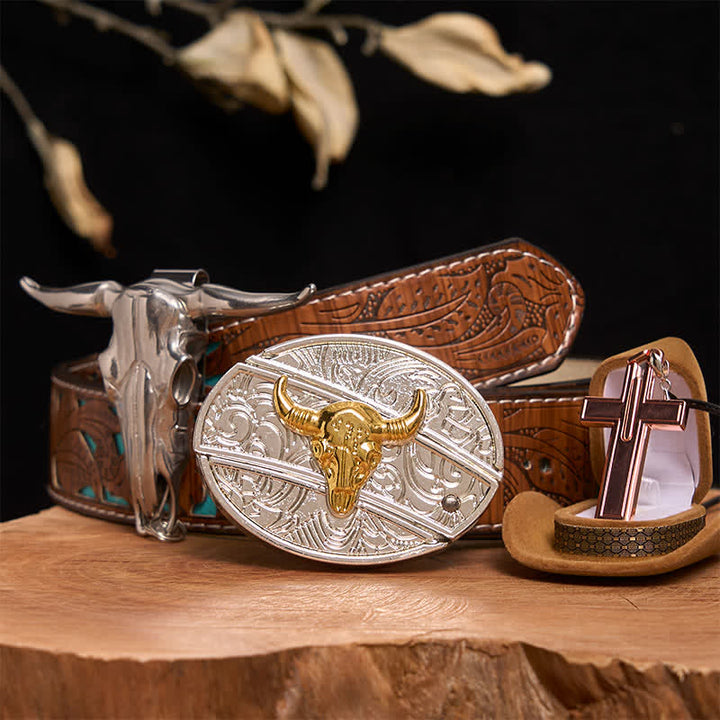 Ensemble de colliers et boucles de ceinture en forme de croix avec couteau caché en or et argent - Bull d'or et d'argent - Ceinture sculptée en turquoise - 42 - image 3