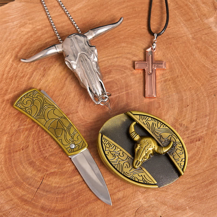 Ensemble de collier et boucle de ceinture en forme de croix avec couteau caché en bronze - image 3