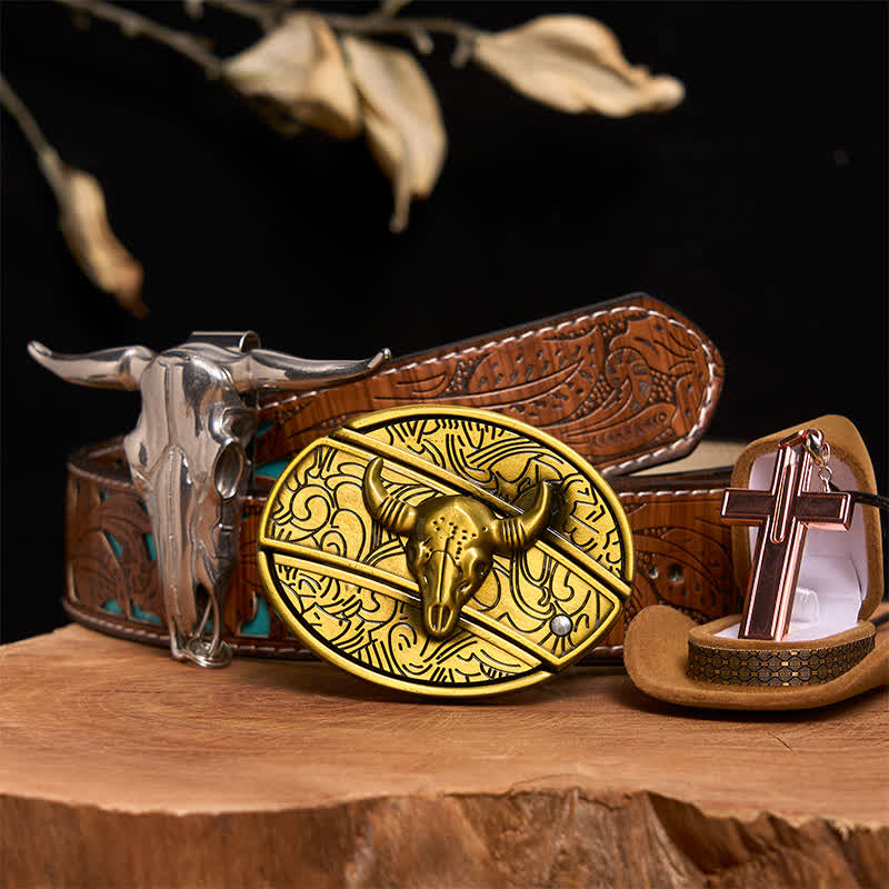 Ensemble de collier et boucle de ceinture en forme de croix avec couteau caché en bronze - Taureau de bronze - Ceinture sculptée en turquoise - 42 - image 4