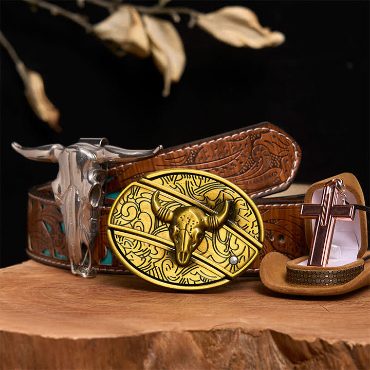 Ensemble de collier et boucle de ceinture en forme de croix avec couteau caché en bronze - Taureau de bronze - Ceinture sculptée en turquoise - 42 - image 4