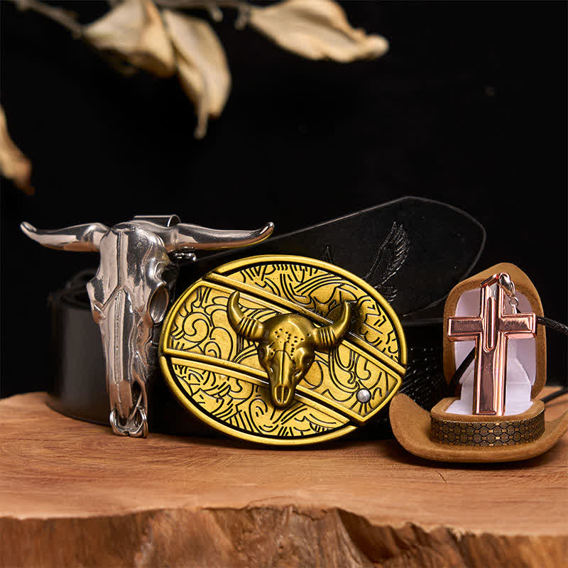 Ensemble de collier et boucle de ceinture en forme de croix avec couteau caché en bronze - Taureau de bronze - Ceinture noire avec aigle en relief - 42 - image 4