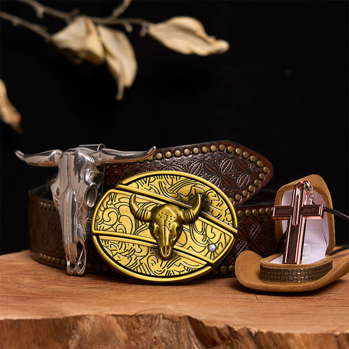 Ensemble de collier et boucle de ceinture en forme de croix avec couteau caché en bronze - Taureau de bronze - Ceinture à rivets marron - 42 - image 5