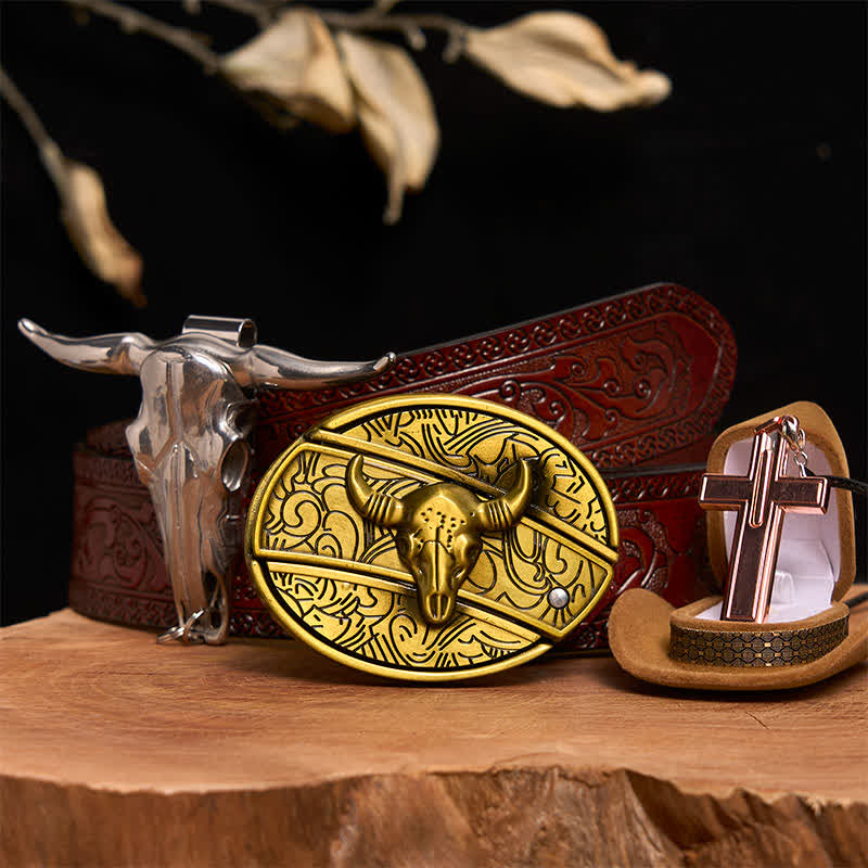 Ensemble de collier et boucle de ceinture en forme de croix avec couteau caché en bronze - Taureau de bronze - Ceinture marron sculptée - 42 - image 7