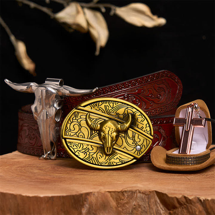 Ensemble de collier et boucle de ceinture en forme de croix avec couteau caché en bronze - Taureau de bronze - Ceinture marron sculptée - 42 - image 7