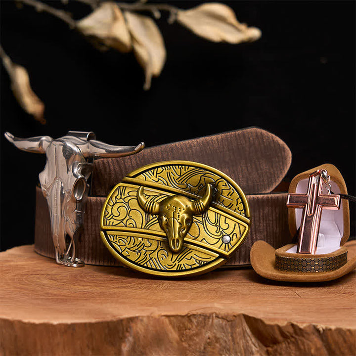 Ensemble de collier et boucle de ceinture en forme de croix avec couteau caché en bronze - Taureau de bronze - Ceinture marron vieillie - 42 - image 6