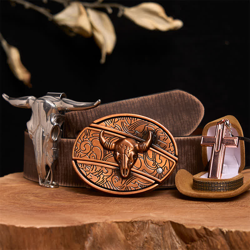 Ensemble de collier et boucle de ceinture en forme de croix avec couteau caché en bronze rouge - Taureau de bronze rouge - Ceinture marron vieillie - 42 - image 6