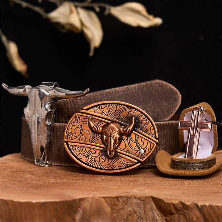 Ensemble de collier et boucle de ceinture en forme de croix avec couteau caché en bronze rouge - Taureau de bronze rouge - Ceinture marron vieillie - 42 - image 6