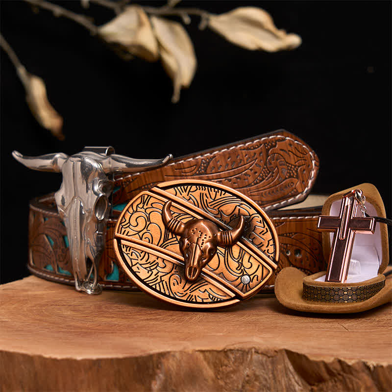 Ensemble de collier et boucle de ceinture en forme de croix avec couteau caché en bronze rouge - Taureau de bronze rouge - Ceinture sculptée en turquoise - 42 - image 4