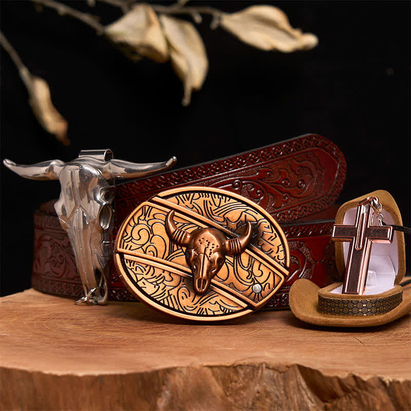 Ensemble de collier et boucle de ceinture en forme de croix avec couteau caché en bronze rouge - Taureau de bronze rouge - Ceinture marron sculptée - 42 - image 7