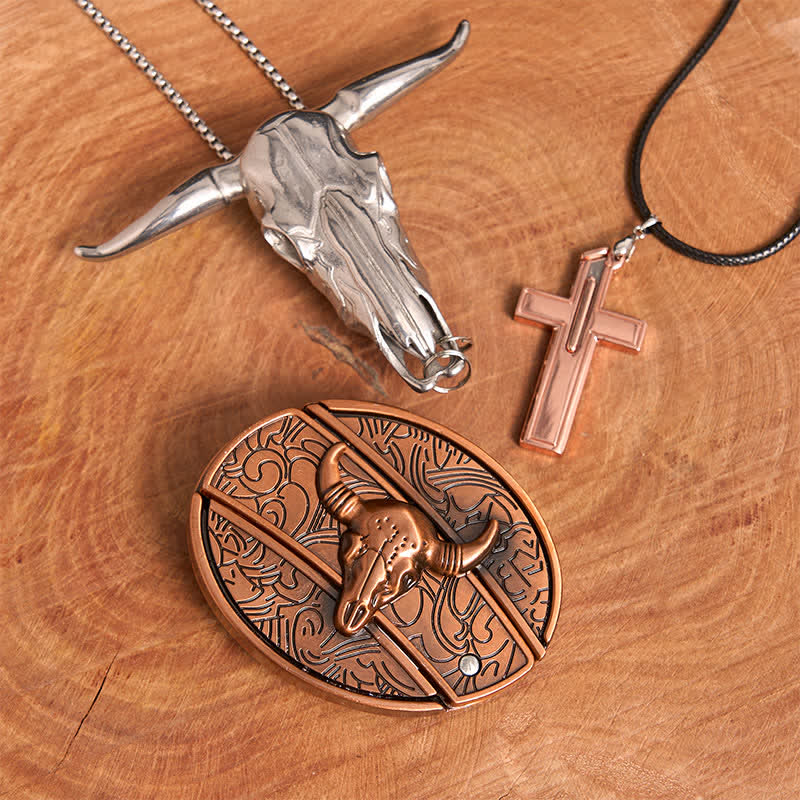 Ensemble de collier et boucle de ceinture en forme de croix avec couteau caché en bronze rouge - Taureau de bronze rouge - Sans ceinture - Ceinture non incluse - image 1