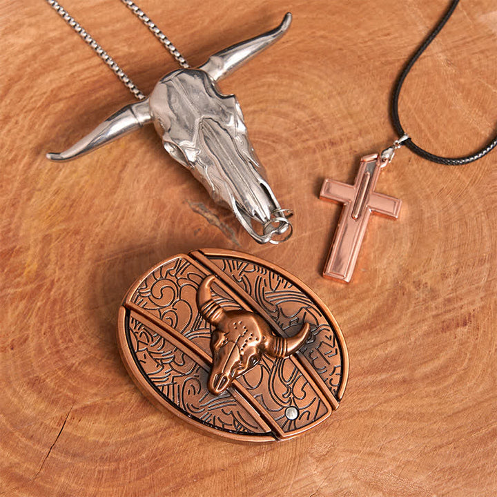 Ensemble de collier et boucle de ceinture en forme de croix avec couteau caché en bronze rouge - Taureau de bronze rouge - Sans ceinture - Ceinture non incluse - image 1