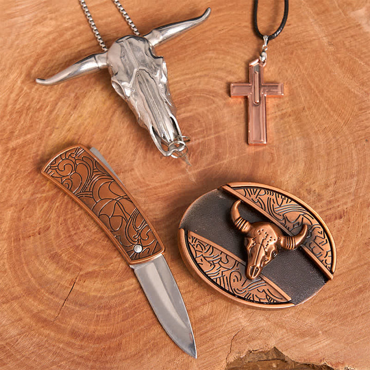 Ensemble de collier et boucle de ceinture en forme de croix avec couteau caché en bronze rouge - image 3