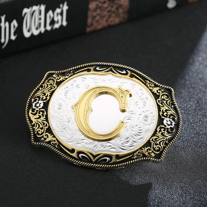 Ceinture en cuir avec boucle initiale rétro noire dorée - C - Sans ceinture - image 5