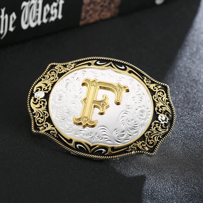 Ceinture en cuir avec boucle initiale rétro noire dorée - F - Sans ceinture - image 8
