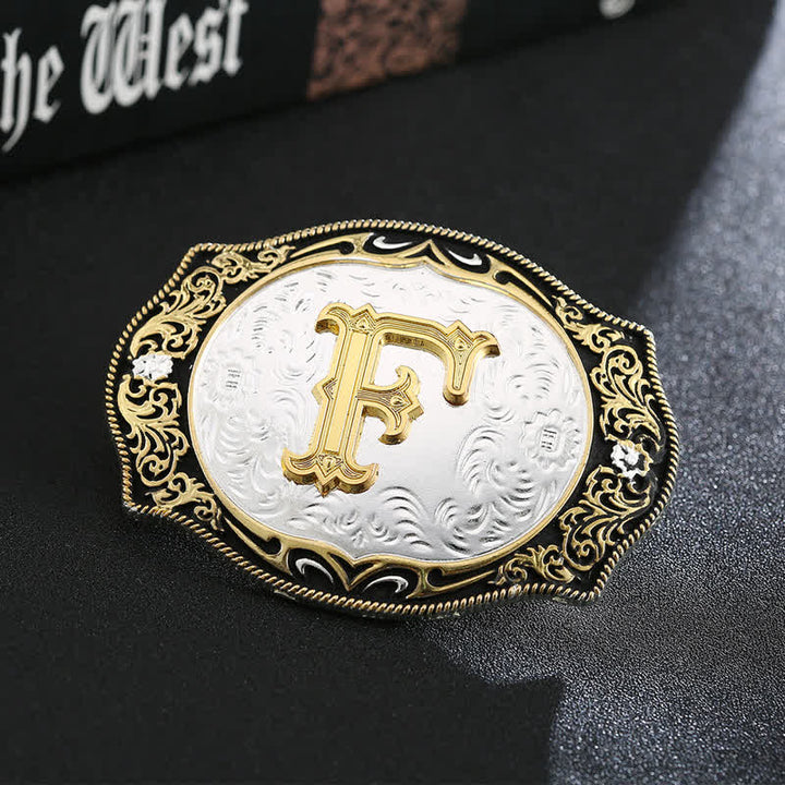 Ceinture en cuir avec boucle initiale rétro noire dorée - F - Sans ceinture - image 8