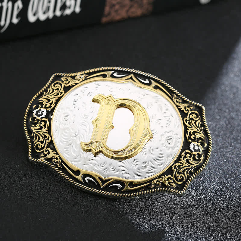 Ceinture en cuir avec boucle initiale rétro noire dorée - D - Sans ceinture - image 6