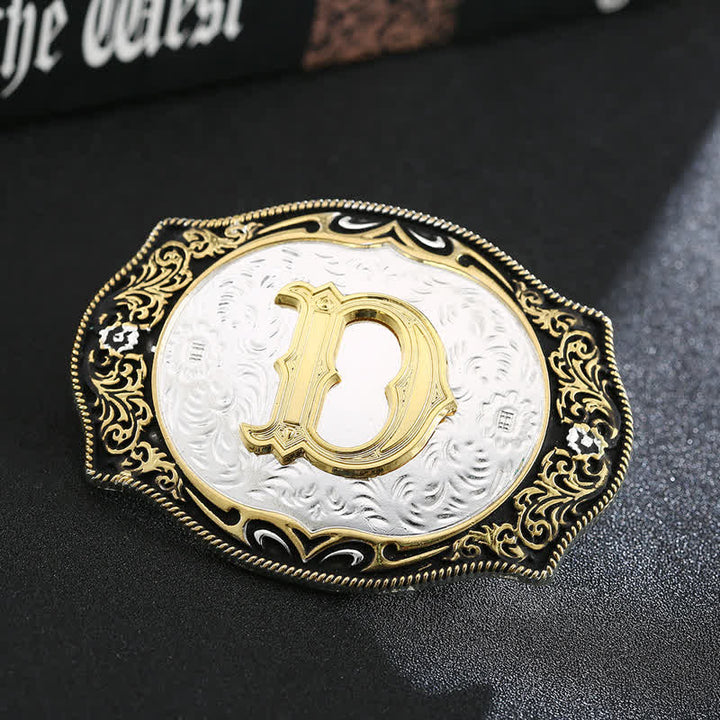 Ceinture en cuir avec boucle initiale rétro noire dorée - D - Sans ceinture - image 6