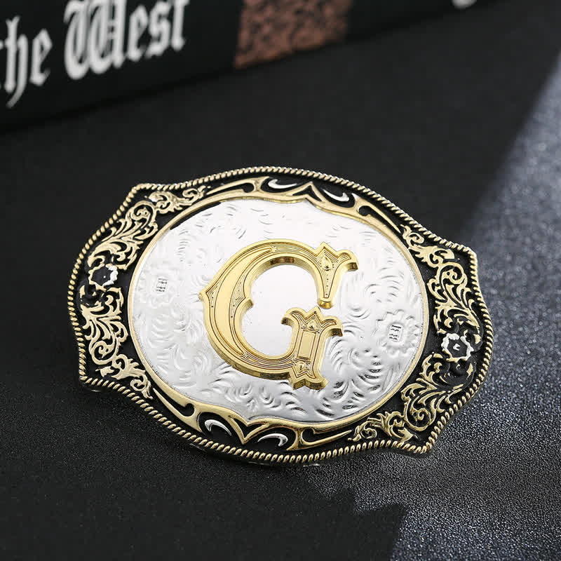 Ceinture en cuir avec boucle initiale rétro noire dorée - G - Sans ceinture - image 9