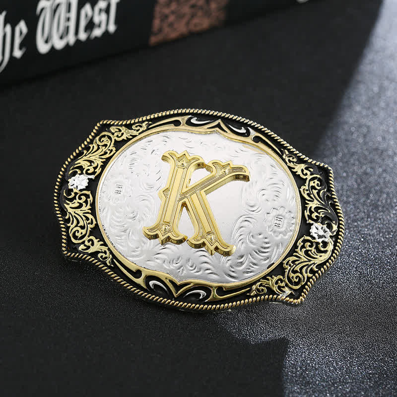 Ceinture en cuir avec boucle initiale rétro noire dorée - K - Sans ceinture - image 13