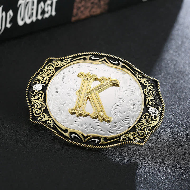 Ceinture en cuir avec boucle initiale rétro noire dorée - K - Sans ceinture - image 13