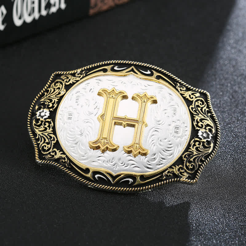 Ceinture en cuir avec boucle initiale rétro noire dorée - H - Sans ceinture - image 10