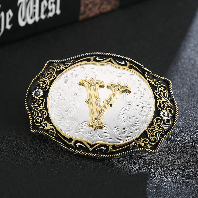 Ceinture en cuir avec boucle initiale rétro noire dorée - V - Sans ceinture - image 24