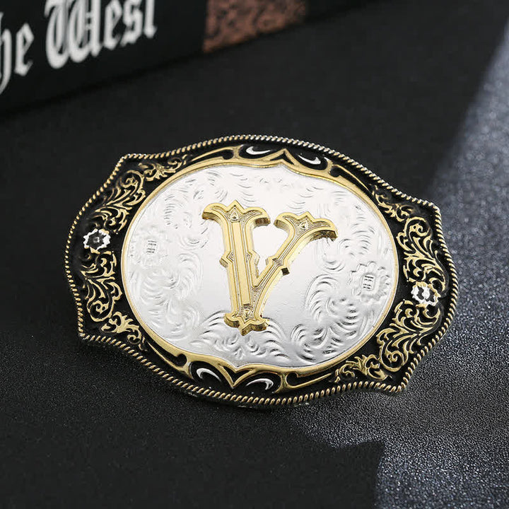 Ceinture en cuir avec boucle initiale rétro noire dorée - V - Sans ceinture - image 24