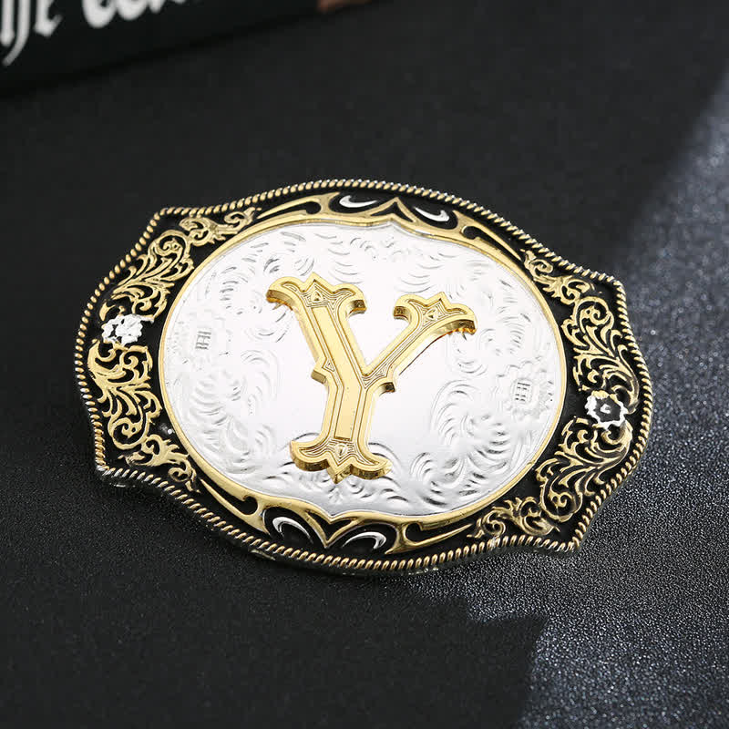 Ceinture en cuir avec boucle initiale rétro noire dorée - Y - Sans ceinture - image 27