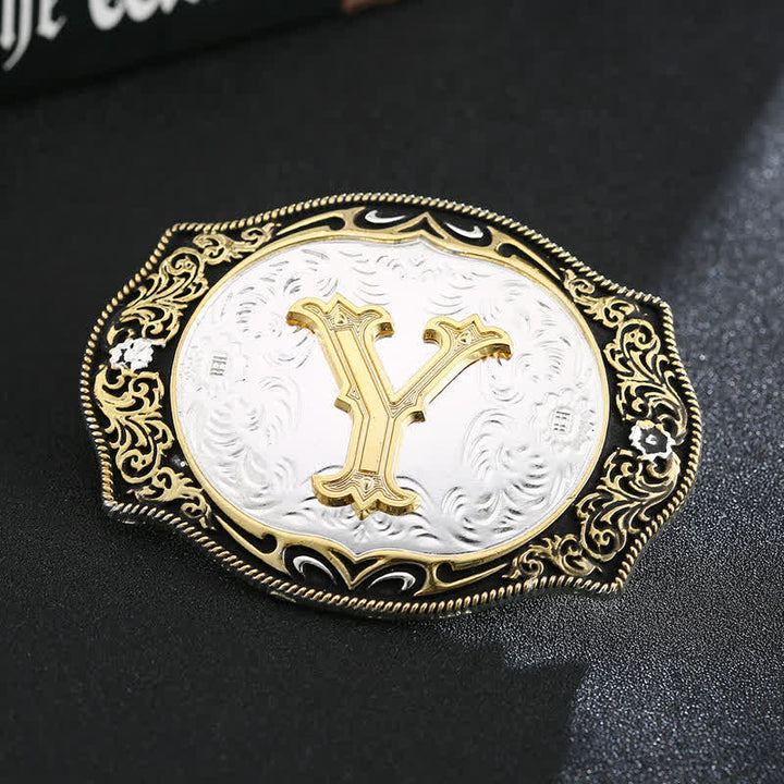 Ceinture en cuir avec boucle initiale rétro noire dorée - Y - Sans ceinture - image 27