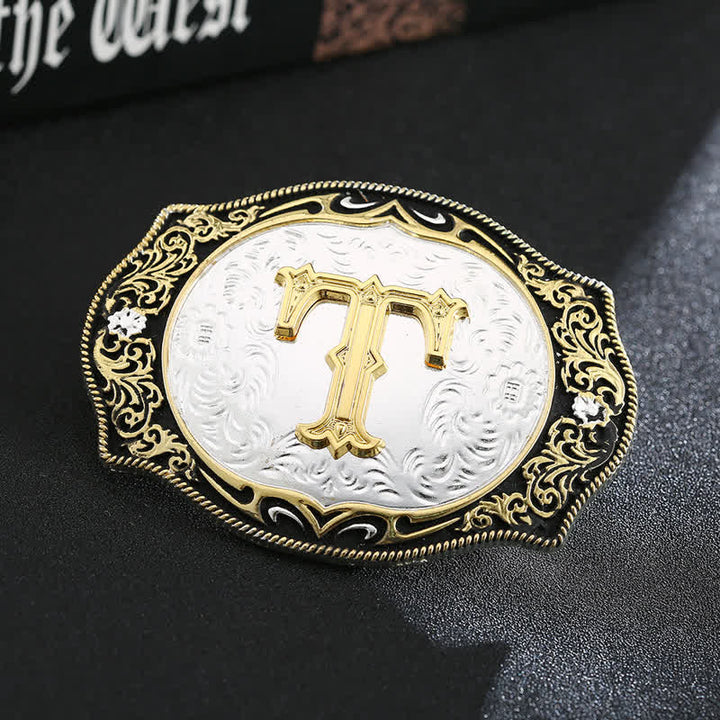 Ceinture en cuir avec boucle initiale rétro noire dorée - T - Sans ceinture - image 22