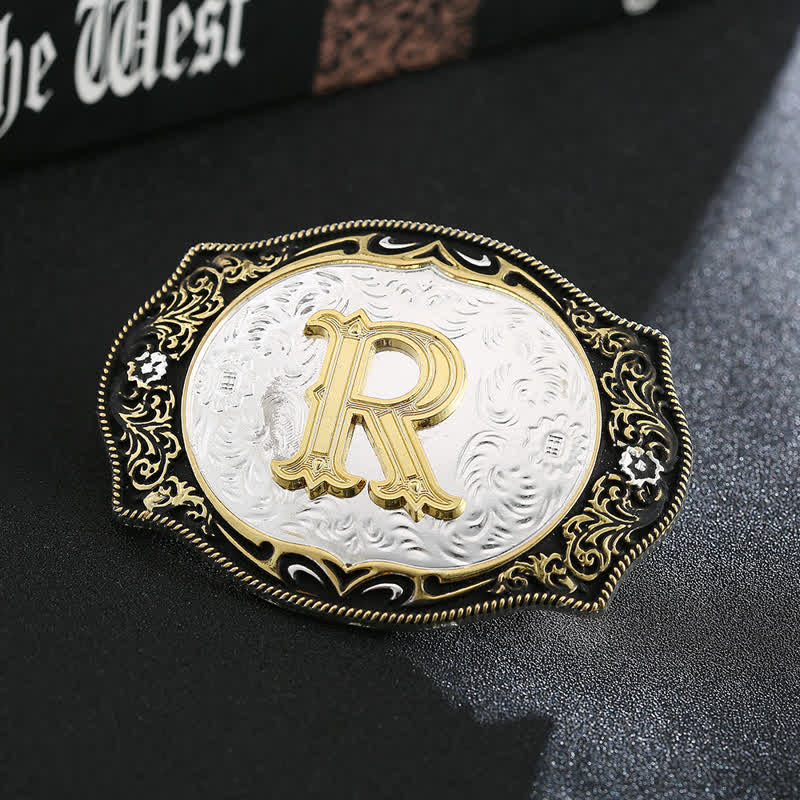 Ceinture en cuir avec boucle initiale rétro noire dorée - R - Sans ceinture - image 20