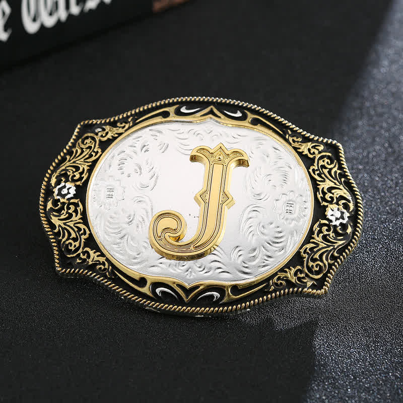 Ceinture en cuir avec boucle initiale rétro noire dorée - J - Sans ceinture - image 12