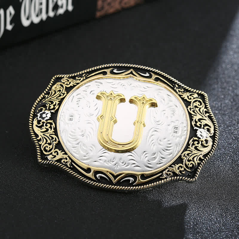 Ceinture en cuir avec boucle initiale rétro noire dorée - U - Sans ceinture - image 23