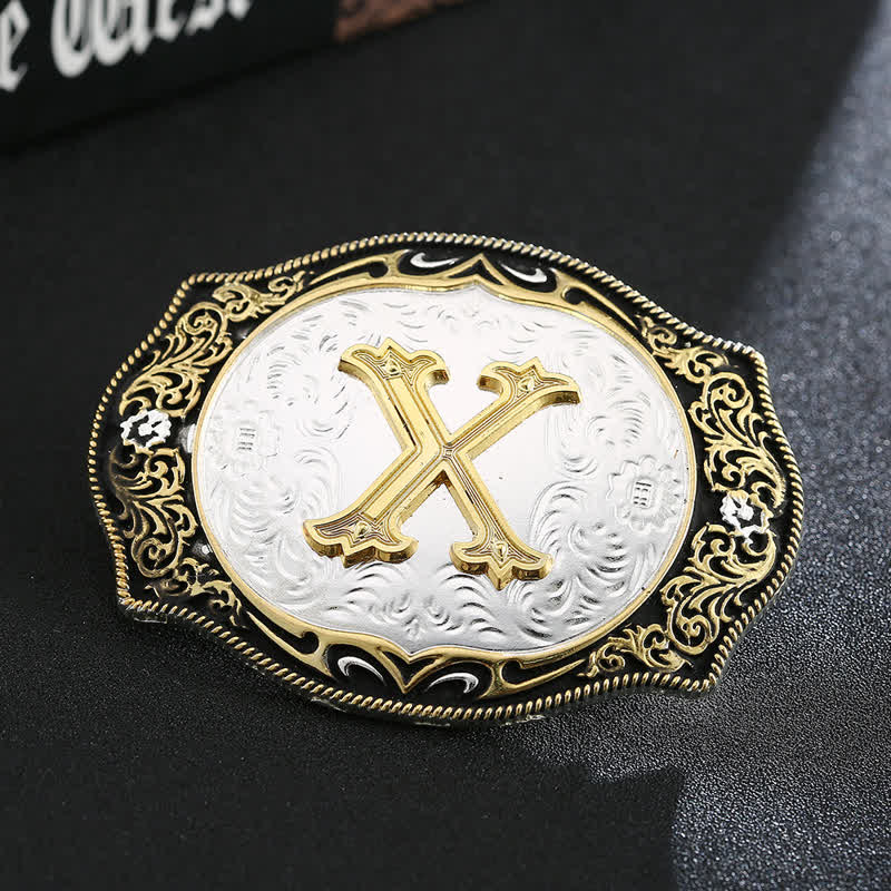 Ceinture en cuir avec boucle initiale rétro noire dorée - X - Sans ceinture - image 26