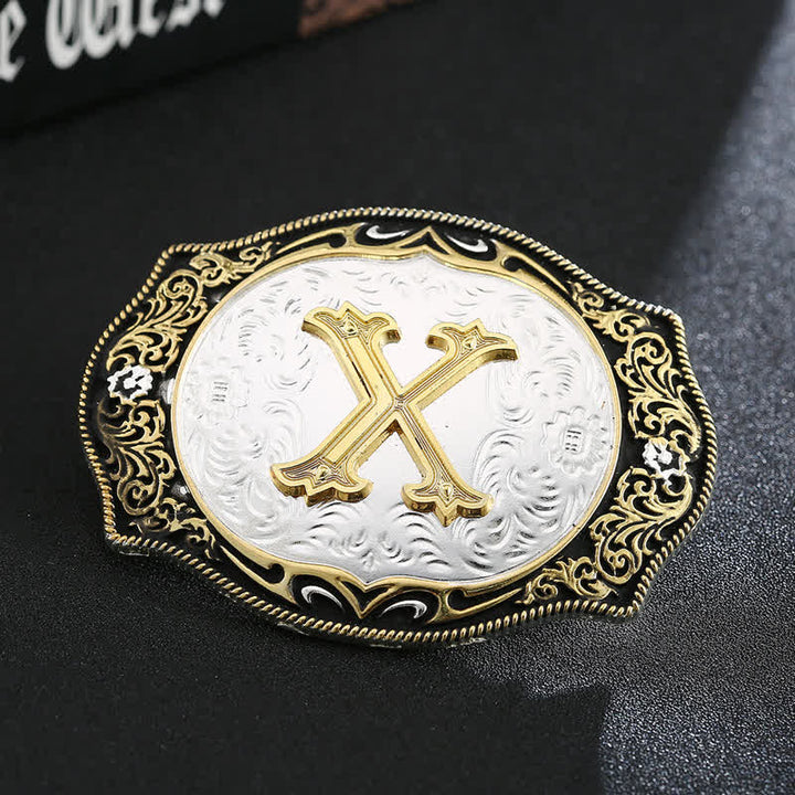 Ceinture en cuir avec boucle initiale rétro noire dorée - X - Sans ceinture - image 26