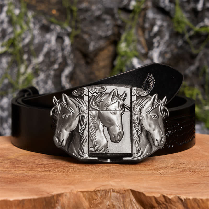Ceinture en cuir argentée à trois chevaux pour homme, avec briquet dissimulé - Triple chevaux - Ceinture noire avec aigle en relief - 42 - image 2