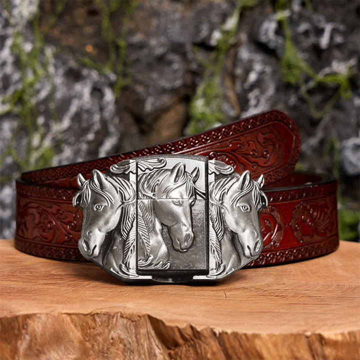 Ceinture en cuir argentée à trois chevaux pour homme, avec briquet dissimulé - Triple chevaux - Ceinture marron sculptée - 42 - image 7