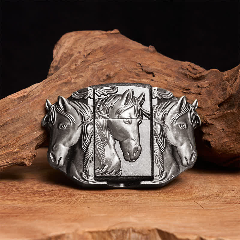Ceinture en cuir argentée à trois chevaux pour homme, avec briquet dissimulé - Triple chevaux - Sans ceinture - Ceinture non incluse - image 1