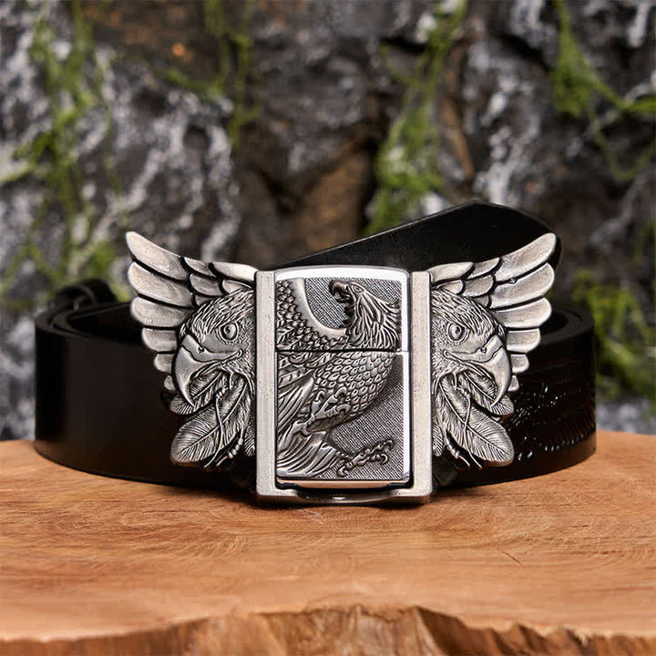 Ceinture en cuir de vautour argenté pour homme avec briquet caché - Vautour - Ceinture noire avec aigle en relief - 42 - image 3