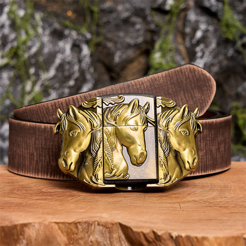 Ceinture en cuir bronze à trois chevaux pour homme avec briquet dissimulé - Triple chevaux - Ceinture marron vieillie - 42 - image 9