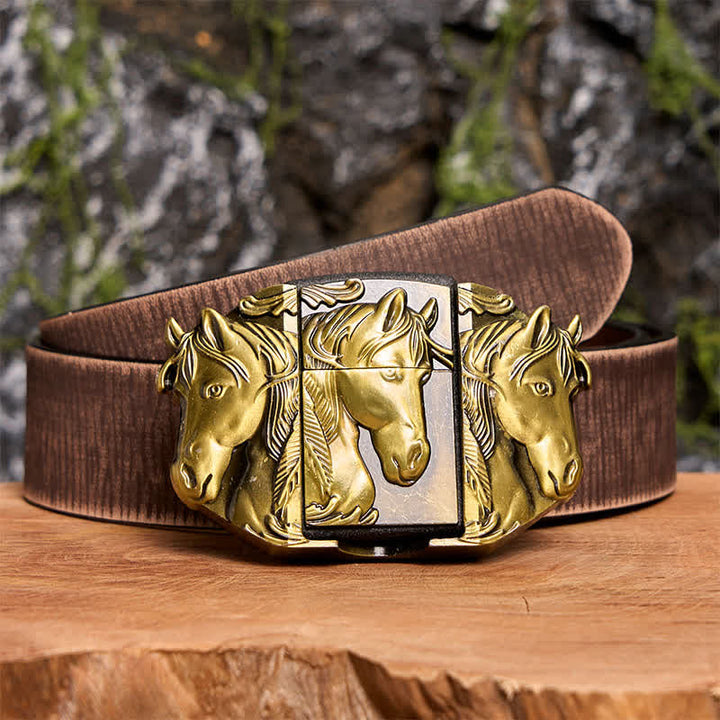 Ceinture en cuir bronze à trois chevaux pour homme avec briquet dissimulé - Triple chevaux - Ceinture marron vieillie - 42 - image 9