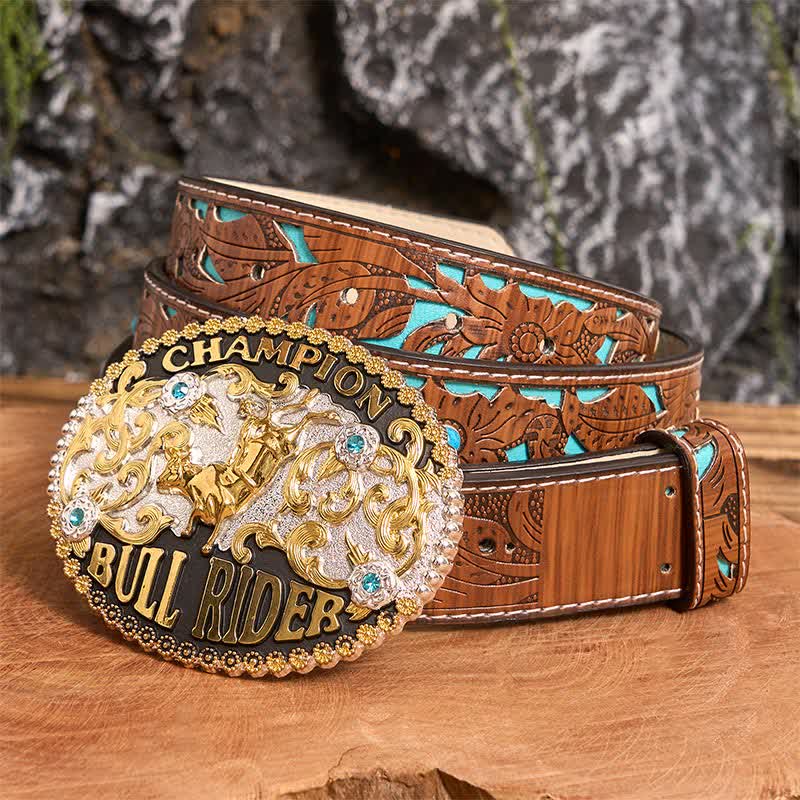 Ceinture en cuir à grande boucle pour homme, motif Golden Bull Champion Bull Rider - Taureau d'or - Ceinture sculptée en turquoise - 42 - image 2