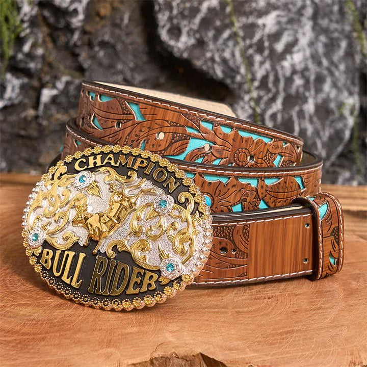 Ceinture en cuir à grande boucle pour homme, motif Golden Bull Champion Bull Rider - Taureau d'or - Ceinture sculptée en turquoise - 42 - image 2