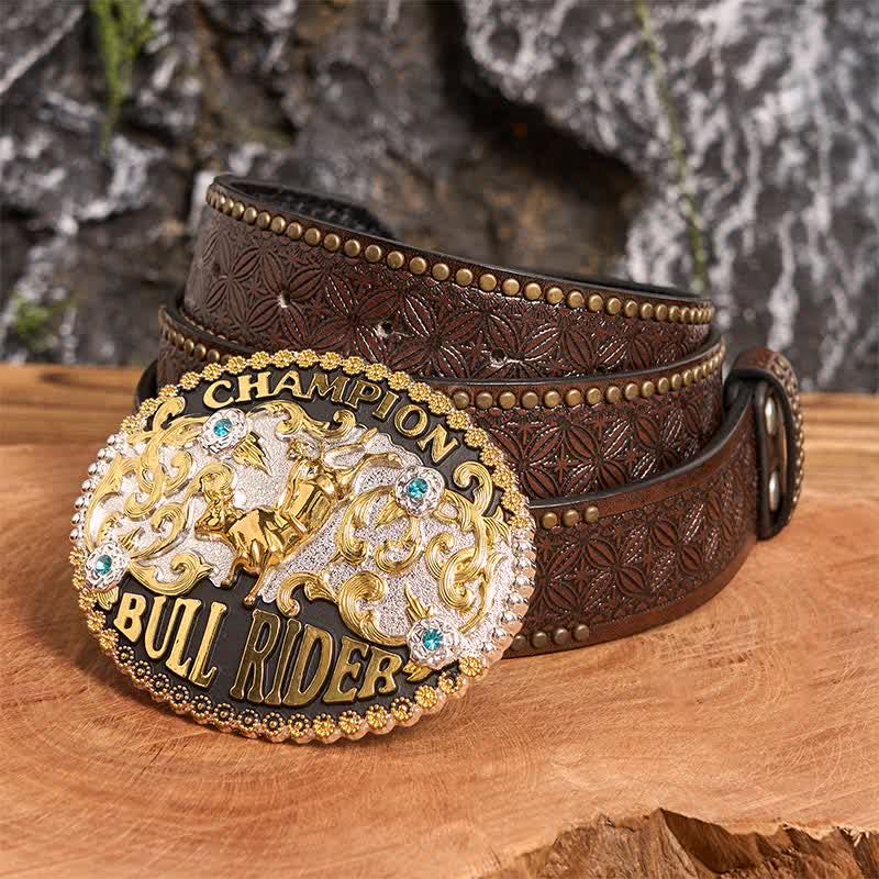 Ceinture en cuir à grande boucle pour homme, motif Golden Bull Champion Bull Rider - Taureau d'or - Ceinture à rivets marron - 42 - image 3