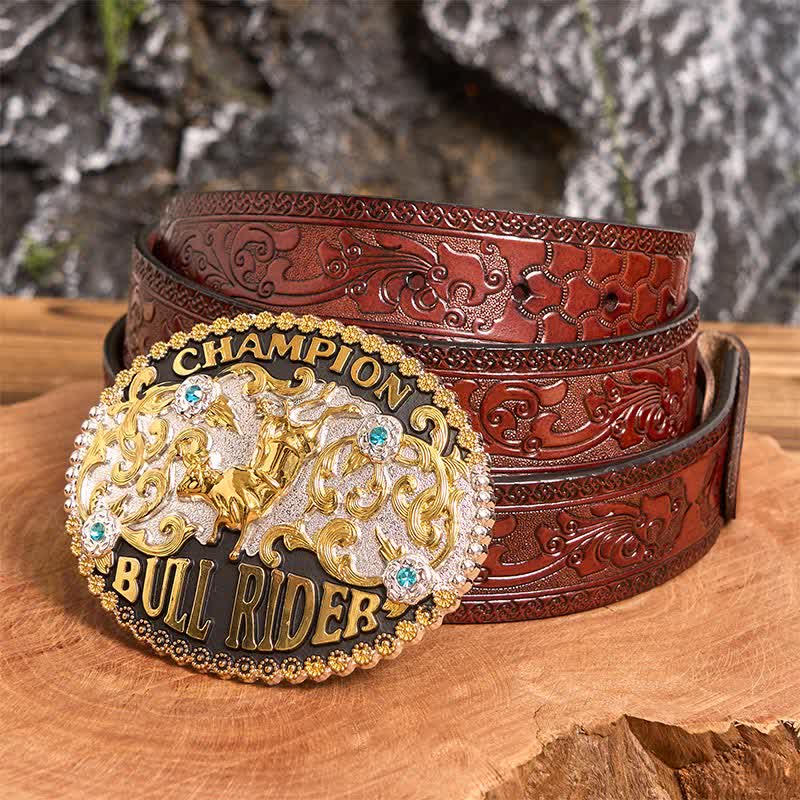 Ceinture en cuir à grande boucle pour homme, motif Golden Bull Champion Bull Rider - Taureau d'or - Ceinture marron sculptée - 42 - image 5